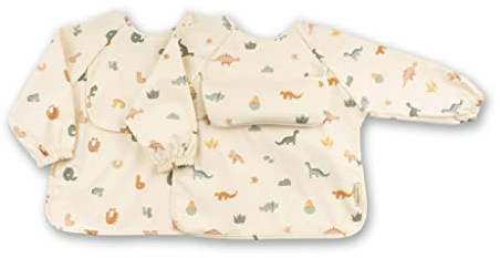 ÜneeQbaby Bavoirs imperméables pour bébés et tout-petits - Lot de 2, manches longues Oeko-TEX avec poche, style combinaison intégrale (Petit 6 à 18 mois, Dino blanc cassé)
