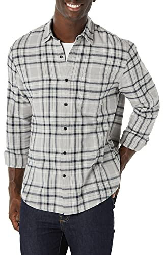 Amazon Essentials Men's Long-Sleeve Flannel Shirt (Available in Big & Tall), Black Light Grey Plaid, S