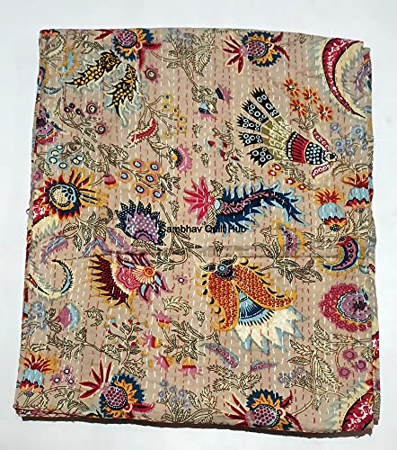 Twin/Queen/King Floral Multicolor Handmade Crown Mukut Print Kantha Quilt Kantha Decke Bettüberwurf King Kantha Tagesdecke Bohemian Bettwäsche Baumwolle Kantha (Beige, Twin 152,4 x 228,6 cm)