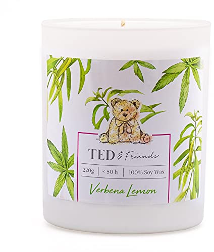 Ted & Friends Duftkerze im Glas | Duftkerze Verbena Lemon (220g) | Zitronen Kerze | Weiße Duftkerze | Aromakerze | Kerze im Glas mit Deckel