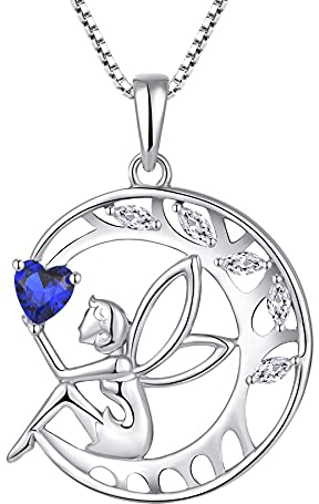 FJ Guardian Angel Necklace 925 Sterling Silver Tree of Life Pendant Necklace Fairy Moon Necklace with September Birthstone Sapphire Jewellery Gifts for Women Girls