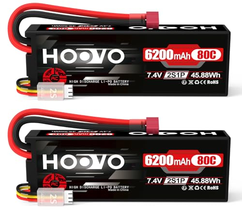 2S Lipo Akku 7,4V 80C 6200mAh RC Batterie mit Dean-Style T Stecker Battery HOOVO für RC Auto Flugzeug Helikopter Boot Buggy Quadcopter (2 Packungen)