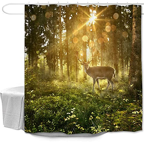 Oduo Duschvorhänge für Badewanne, 3D Sonnenlicht Drucken Duschvorhang Wasserdicht Antischimmel Bad Vorhang Waschbar Badewanne Vorhang mit 10-12 Duschvorhangringe (Wald Elch,180x220cm)