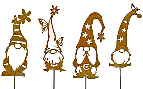 Bornhöft Gartenstecker Zwerg Gnom Klausi Beetstecker Topfstecker Metall Rost Gartendeko Edelrost rostige Dekoration 40cm (4er Set)