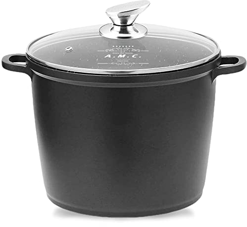 A.M.C. Pentola Alta, rivestimento antiaderente con coperchio in vetro temperato resistente alle alte temperature, adatta a tutte le fonti di calore inclusa Induzione, 10.5 Litri, diametro 28 cm