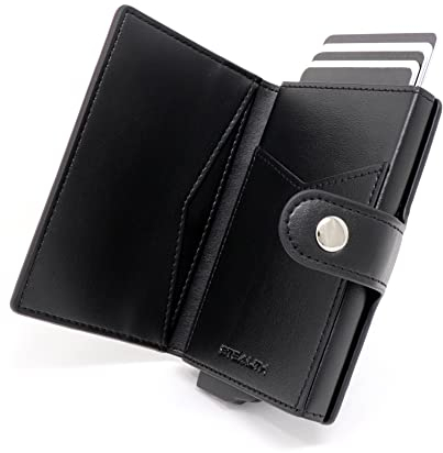 Stealth Wallet Porte Carte Bancaire RFID pour Homme - Porte-Cartes De Crédit avec Mécanisme Pop Up et Boîte Cadeau - Portefeuilles de Crédit Aluminium Minces (Cuir Noir, Poche pour ID)