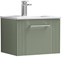 nuie DPF891B Deco Modern Bathroom Wall Hung 1 Drawer Part Fluted Vanity Basin Unit with Minimalist Ceramic Basin, 500mm, Satin Green