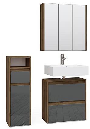 Vicco Badmöbel-Set Majest, Badezimmerschrank-Set, Anthrazit/Nussbaum, 3 Teile