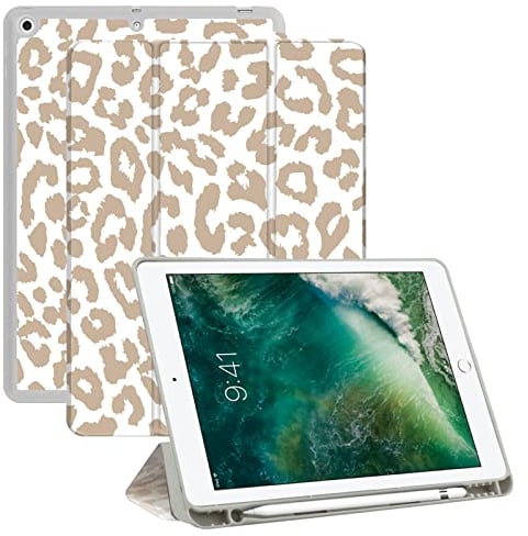 Deokke Kompatibel mit iPad 10.2 Zoll Hülle, 9.,8.,7. Generation Hülle (2021/2020/2019) mit Stifthalter und weicher TPU-Rückseite, automatische Schlaf-/Wachabdeckung, braunes Leoparden-Gepardenmuster