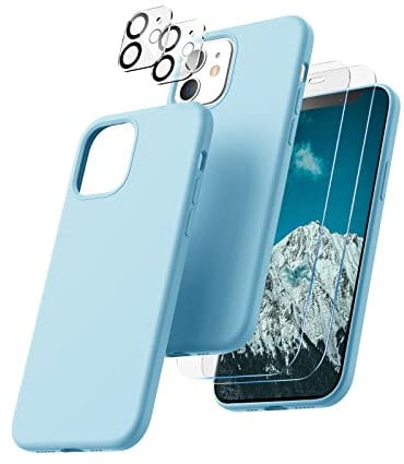 CALOOP 5 in 1 Designed for iPhone 12 Case and iPhone 12 Pro Case 6.1, with 2 Pack Screen Protector & 2 Pack Camera Lens Protector, Soft Liquid Silicone Gel Slim Shockproof Cover, Sky Blue
