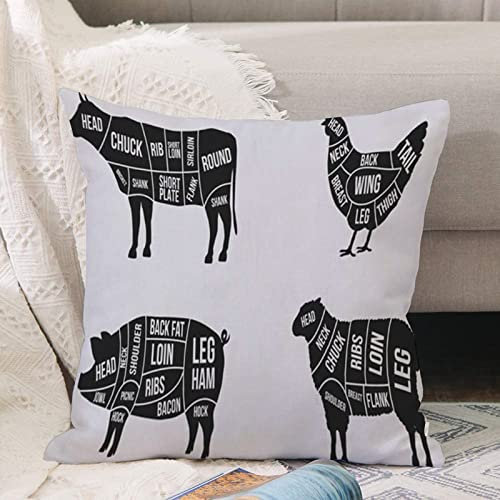Kissenbezug 45x45 cm,Restaurant Hühnervieh Hausteil Set Retro Fleisch Diagramme Schinken sc,Outdoor Kissen Kissenbezüge Kissenhülle Sofa Kissen dekokissen Zierkissen für Wohnzimmer Garten deko draußen