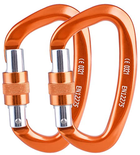 Azarxis Mousqueton Escalade 25kN Mousqueton à Verrouillage en Forme de D avec Bouchon à Vis 2 ou 4 Pièces pour Hamac Randonnée (Orange - 2 Pièces)