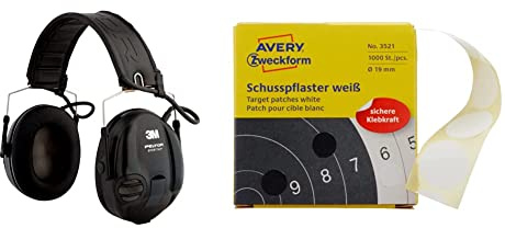3M Peltor SportTac Impuls-Kapselgehörschutz für Jäger und Sportschützen, inklusive Batterie AAA, SNR 26 dB, 1 Stück, STAC-RD & AVERY Zweckform 3521 Schusspflaster 1.000 Stück (Ø19mm) weiß