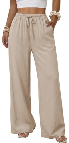 Duyang Womens Cotton Linen Palazzo Pants Drawstring Elastic Waist Casual Wide Leg Trousers with Pockets(Khaki,M)