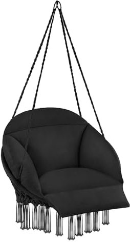 tectake Hängesessel, Hängeschaukel mit dicken Kissen & Quasten, Boho Hängekorb Ø 80 cm, Hängesessel mit Gestell für Garten, Balkon und Wohnzimmer, Nestschaukel Outdoor & Indoor, Gartenstuhl - schwarz