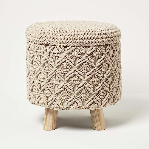 Homescapes Indy Makramee-Hocker mit Stauraum Natur 41x43 cm, Stoff-Hocker mit Holzbeinen, runder Hocker Boho Style