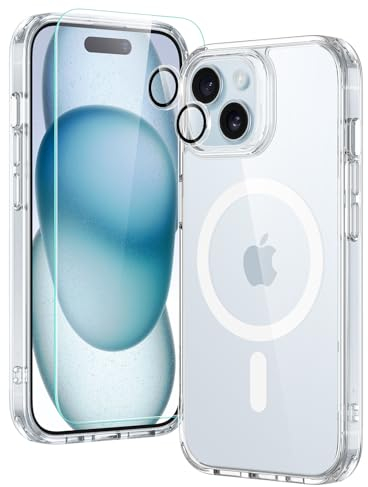 ESR for iPhone 15 Case Set, 1 Tempered-Glass Screen Protector, 1 Set of Lens Protectors, Military-Grade Protection, Yellowing and Scratch Resistant MagSafe Phone Case, Classic Series, Clear