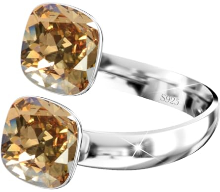 925 Sterling Silber Doppelt Kristall Ringe für Damen Verstellbarer mit Marken Kristalle - Glänzend Cubic Zirkonia Ring Fingerring Kommt in Schmuck Geschenk Box (Golden Shadow)