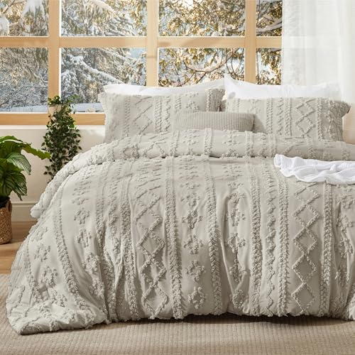 Bedsure Tufted Boho Comforter Set Full Size - Linen Boho Bed Set, GentleSoft™ 3 Pieces Farmhouse-Style Embroidery Bedding, Gifts for Woman, Soft Jacquard Full Comforter for All Seasons