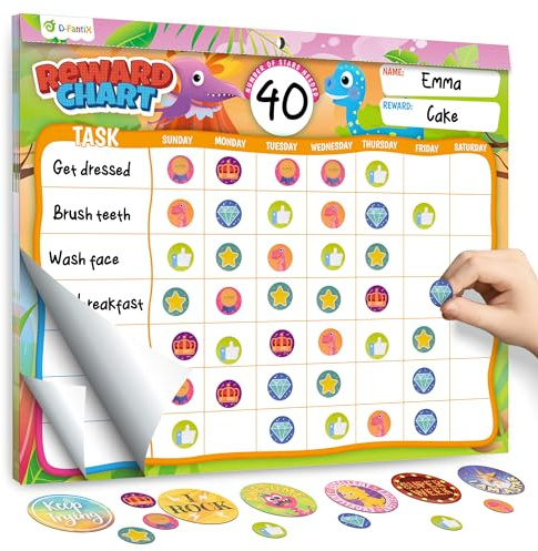 D-FantiX Magnetic Dinosaur Reward Chart, Behavior Chart for Boys & Girls | 2328 Incentive Stickers & 27 Chores Chart for Kids, Dino Reward Sticker Charts Motivate Responsibility & Good Behavior
