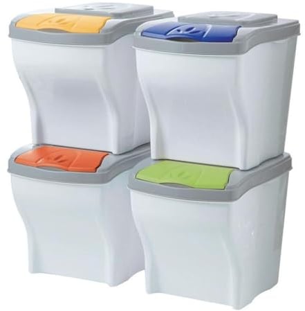 Sicignano | Pattumiera Raccolta Differenziata, 4 pezzi x 20 Lt, Plastica, Coperchio Colorato, Interni Esterni - Impilabile, Componibile, Modulare - Cestino, Salvaspazio, Ecologico, Colori Assortiti