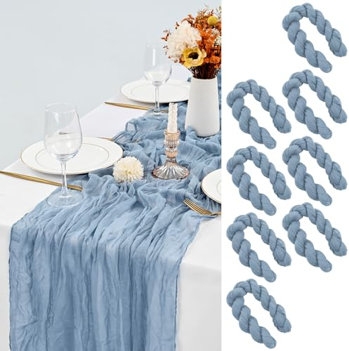 8 Stück Käsetuch Tischläufer Staubiges Blau, 90 x 300 cm Seihtuch Tischläufer Waschbares Gaze-Stoff Boho Tischläufer Cheesecloth Tischdekor für Hochzeit Brautparty Empfang Festival im Freien Dekor