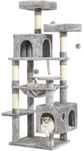 MSmask Kratzbaum groß, L Katzenbaum Stabil, Katzenkratzbaum mit 2 Plattformen, 2 Katzenhöhlen, Hängematte, Sisalsäulen, mehrstöckiger Kletterbaum für Katzen (Hellgrau, 160cm)