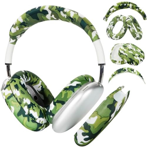 4-in-1 Silikon-Schutzhülle, kompatibel mit Apple Airpods Max Kopfhörern (2024/2020), bedruckte Ohrpolster-Hülle, Ohrmuschel-Abdeckung und Stirnband-Abdeckung, Kopfband-Pad, Zubehör (Camouflage-Grün)