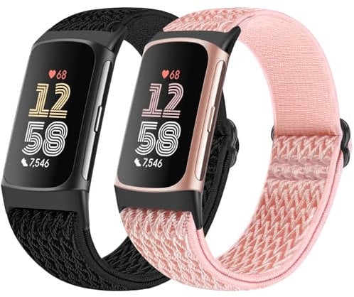 Bcuckood 2 Stück elastische Nylon Armband kompatibel mit Fitbit Charge 6/Fitbit Charge 5, verstellbares, atmungsaktives Ersatz-Stretch-Nylon-Schlaufen armband, Sportarmband für Damen und Herren