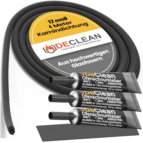 DeClean 4m Kamindichtung – Hitzebeständige Ofenschnur 12mm, Kaminabdichtung und Ofendichtung als Dichtungsset für Ofen, Pelletofen oder Kamin