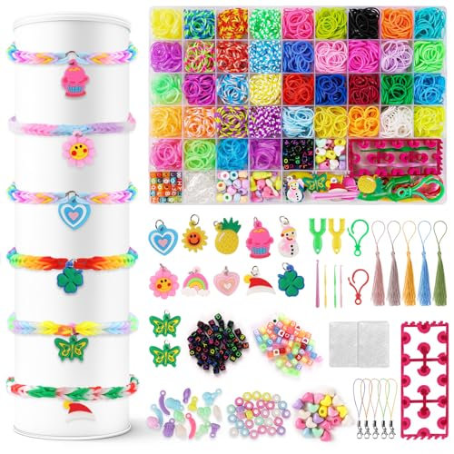 AUAUY Loom Bänder Set, 6400+ Bunte Gummibänder Kit für Armbänder, DIY Elastisches Loombänder Kinder Armband Basteln mit Perlen Haken Charms Aufbewahrungsbox für Anfänger Junge Mädchen Geschenk