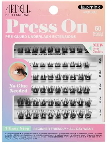 Ardell Press On Pre-Glued Underlash Eyelash Extensions, Faux Mink Natural Cluster Lashes Kit, Beginner-Friendly DIY Lash Extension Kit with Applicator, Assorted Lengths, 60 Lash Clusters