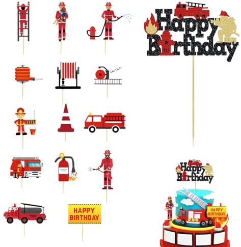 UEAVOID 15 Stück Feuerwehr Tortendeko Geburtstag, Feuerwehr Deko Kindergeburtstag, Tortendeko Feuerwehr, Fire Truck Cupcake Toppers, Geeignet für Mottopartys, Kindergeburtstage, Kuchendekorationen