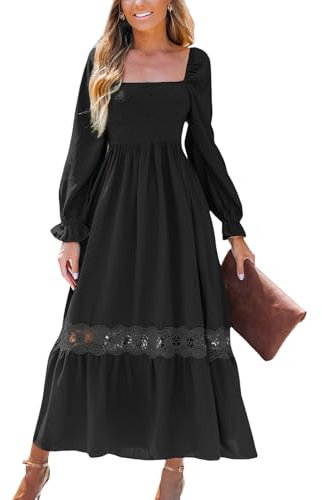 CUPSHE Maxi Dress for Women Square Neck Smocked Long Sleeve Ruffled Lace Long Formal A Line Dress 2024 Black M