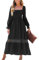 CUPSHE Maxi Dress for Women Square Neck Smocked Long Sleeve Ruffled Lace Long Formal A Line Dress 2024 Black M