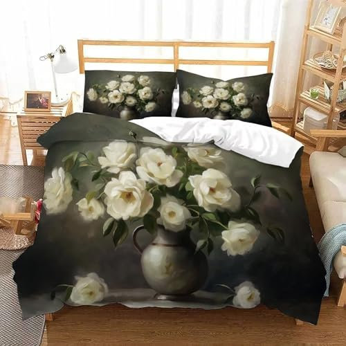 JSCWDET Comforter Cover 3D Antique vase Print Bedding Set Decorative White Rose 3 Piece Set Duvet Cover Set Bedspread Cover with Pillowcase Soft Microfiber Zipper QuilKing(220x240cm)