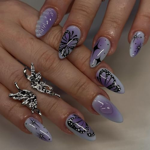 24pcs Medium Length False Nails Almond Press on Nails Purple Ombre Fake Nails Black Butterfly Star Stick on Nails Removable Glue-on Acrylic 3D Heart Full Cover Nails Women Girls Nail Art Accessories
