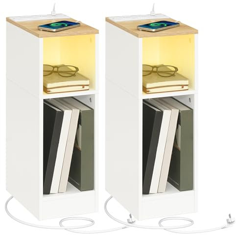 MAHANCRIS Beistelltische mit Ladestation, 2er-Set, Nachttische mit Sensor-LED-Licht, Couchtische, für Kleine Räume, Wohnzimmer, Schlafzimmer, Braun und Weiß AETNW25UE01S2N1