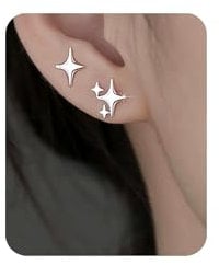 WATEFOER 2 Paar Stern Ohrstecker für Damen Sterling Silber 925 Ohrstecker Hypoallergene Gold Silber Ohrringe Stern Ohrringe Stecker Schmuck Geschenke für Frauen Mädchen