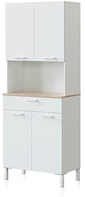 duehome | Alacena de Cocina, Mueble Auxiliar 4 Puertas + 1 Cajon y Estante Interior, Modelo Colin, Acabado en Blanco Artik y Roble Canadian, Medidas: 72 cm (Ancho) x 186 cm (Alto) x 40 cm (Fondo)