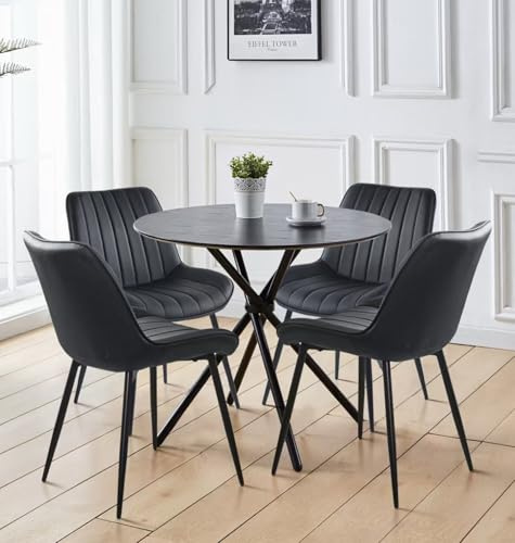 Hallowood Furniture Cullompton Small Round Dining Table and Chairs Set 4 | Wooden Effect Top Black Round Table and Chairs in Black Bonded Leather Seats, Perfect Dining Set for Home & Cafe Use (90cm)