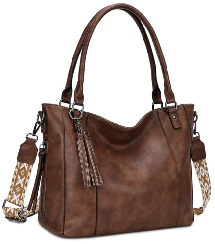 VASCHY Handtasche Damen, Leder Umhängetasche Groß Schultertasche Shopper Hobo Tasche Tote Bag mit Abnehmbarem Gitarrengurt