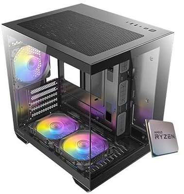EMCA4 Computer Gaming PC Mini Panoramic Assemblato Ryzen 5 7500F fino a 5Ghz - RX 9060XT 16GB 16GB - SSD M.2 1TB nvme - Ram 32GB DDR5 6000Mhz - ARGB - Windows 11 - WIFI - Bluetooth