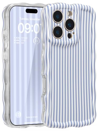 ZCDAYE for iPhone 15 Pro Max Case Cute Wavy Aethetic Printed Phone Case for Women Girls, Pretty Funky Pattern Soft Shell Full Camera Protective Cases for iPhone 15 Pro Max (6.7 inches), Blue Stripes