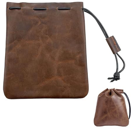Qusmeiyici Vintage Genuine Cowhide Drawstring Pouch Small Waterproof Portable Storage Bag Light Brown for Jewellery Earphones Small Accessories