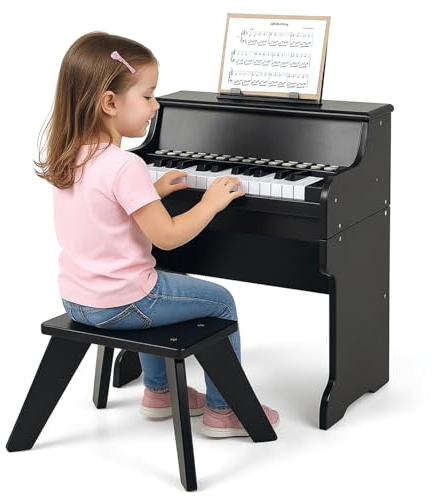Maxmass 25 Key Kids Piano and Stool, Wooden Toddler Electronic Keyboard with Music Stand, Record/Play Function, Teaching Mode, Educational Music Instrument Toy Piano Keyboard for 3+ Boys Girls (Black)