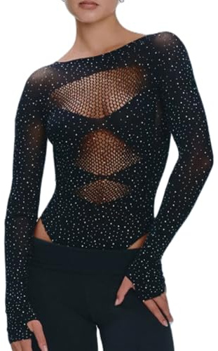 SANSIWU Women's Sexy Mesh Sheer Rhinestone Bodysuit Sparkly See Through Fishnet One Piece Lingerie Hollow Out Glitter Party Rave Romper