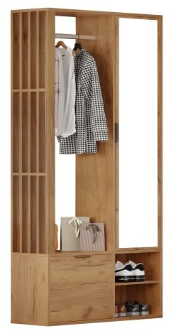 kozamas Flurgarderobe Garderobenset Garderobenschrank Garderobe mit Spiegel & Wäscheständer - 6-in-1 Flurschrank, Holzfarbe, 9 Stauräume & Klapptür, schmal 100x33x190 cm für Diele & Vorzimmer