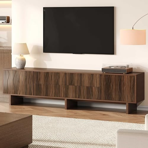 RAPRAP Mobile TV Da 180 Cm Con 4 Cassetti E 2 Ante Per Televisori Fino A 75 Pollici, Mobile TV Basso Dal Design Ondulato, Mobile Per TV, Adatto, Noce Scuro