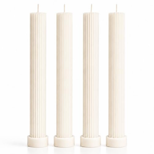 Velas Acanaladas Largas, Vela Pilar, Set de 4, Velas Blancas | Cera de Colza Natural, Velas Decorativas Modernas para Mesa, Cena Romántica y Hogar, Diseño Minimalista Tipo Pilar